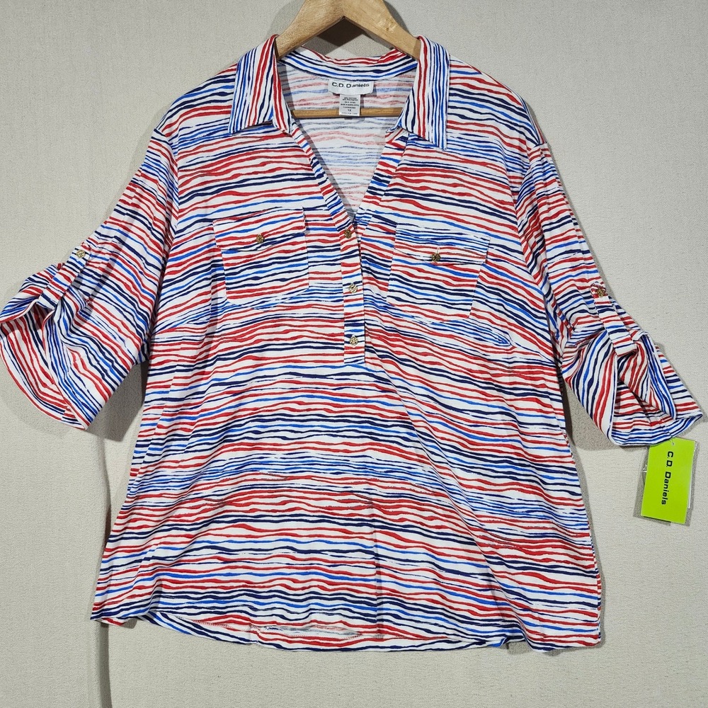 C.D. Daniels Womens 1X Nautical Striped Roll Tab Sleeve Knit Top Red White Blue‎